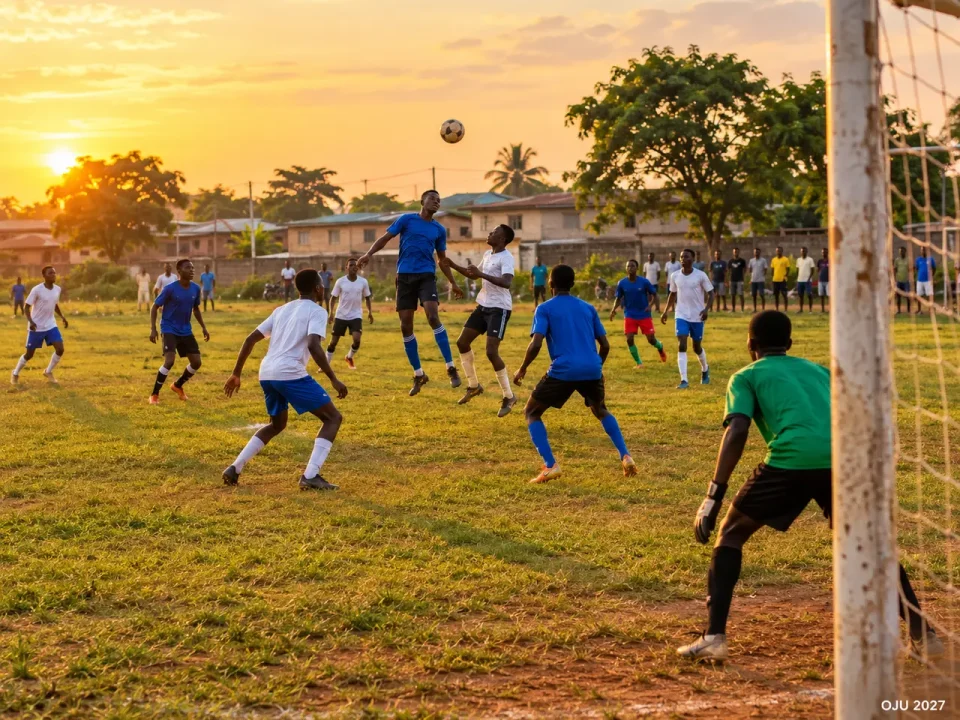 Young players competing in a community football match on a local pitch in AMAC/Bwari, Abuja